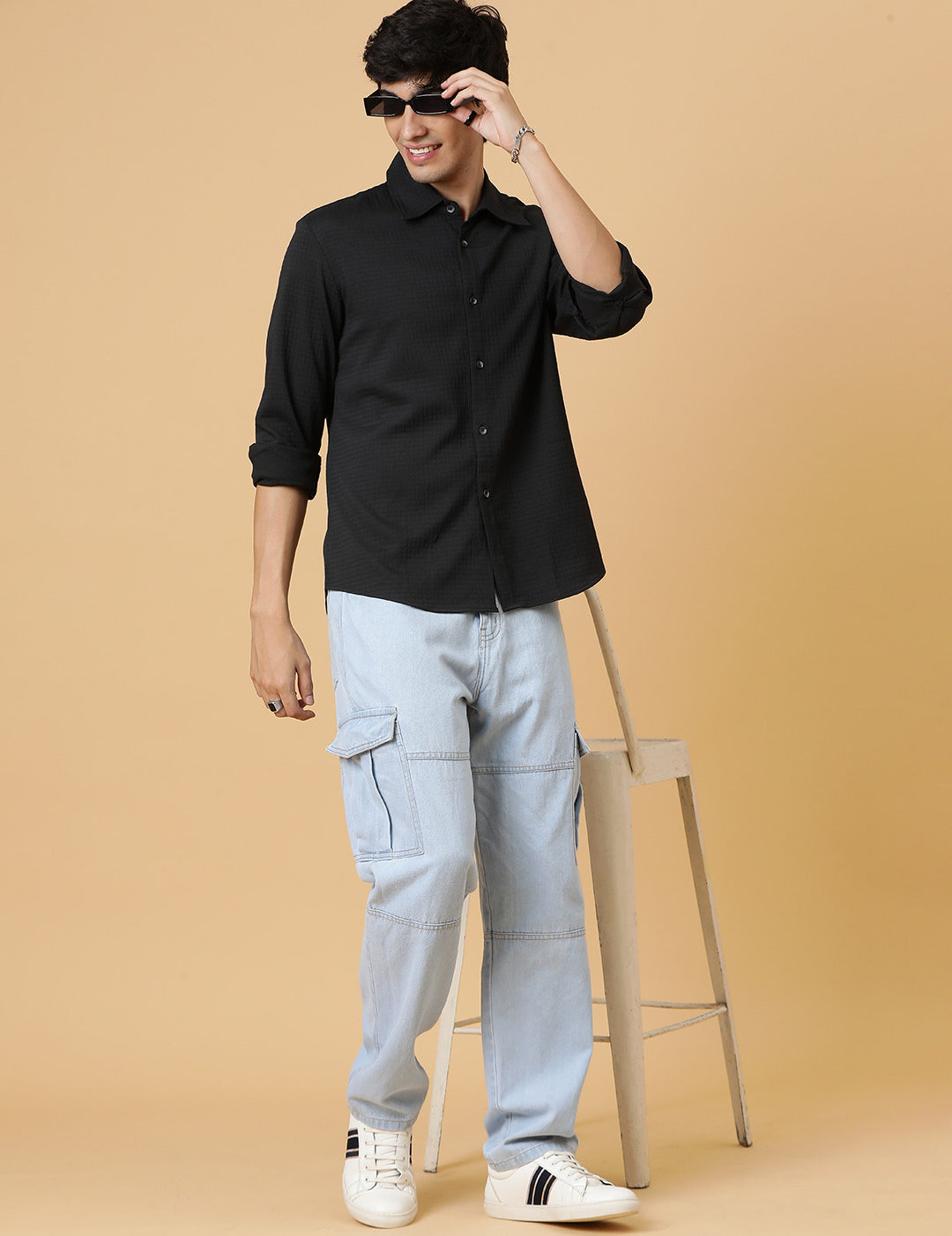 KOTTY Men Self Design Casual Black Shirt 