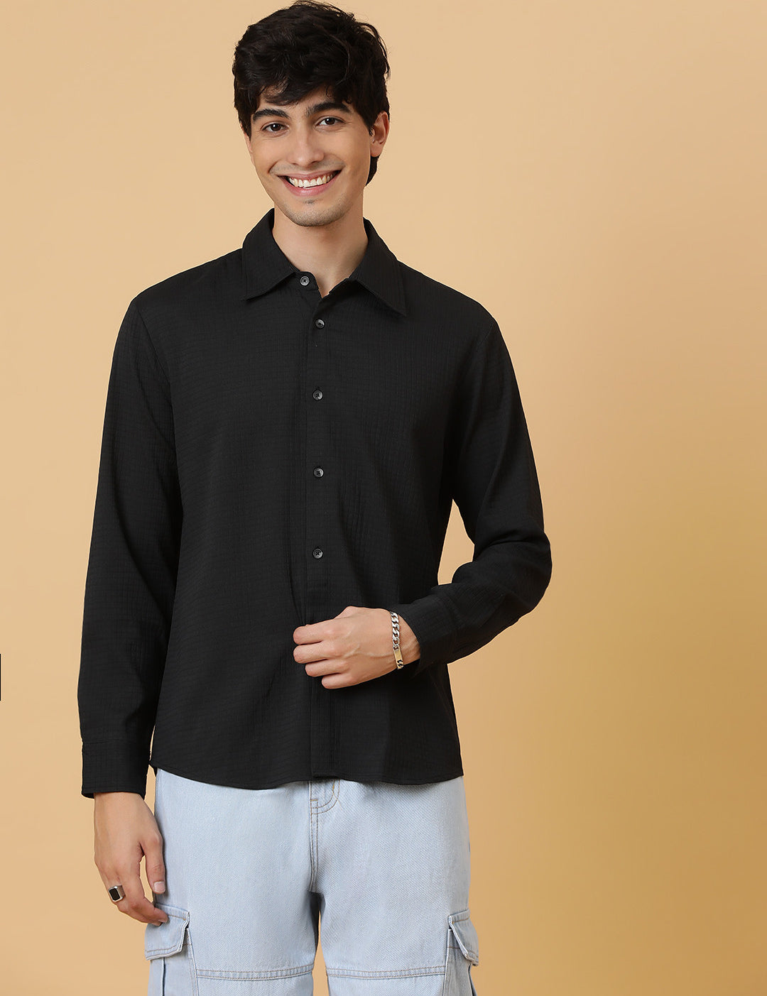 KOTTY Men Self Design Casual Black Shirt 