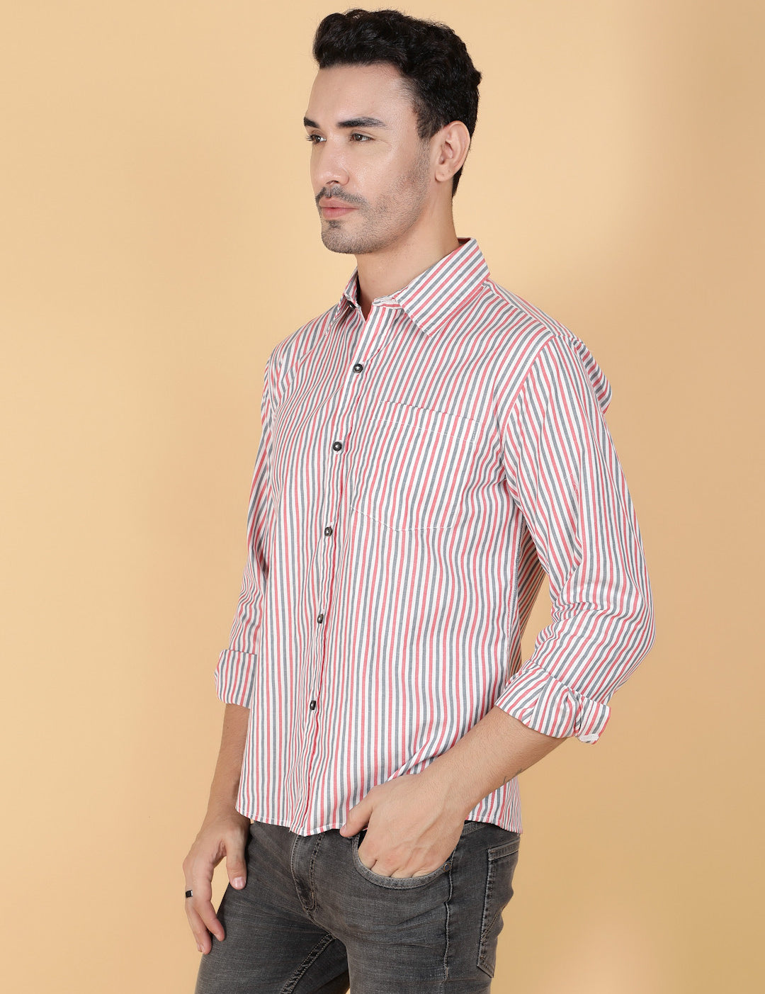 KOTTY Men Printed Casual Grey, Pink, White Shirt 