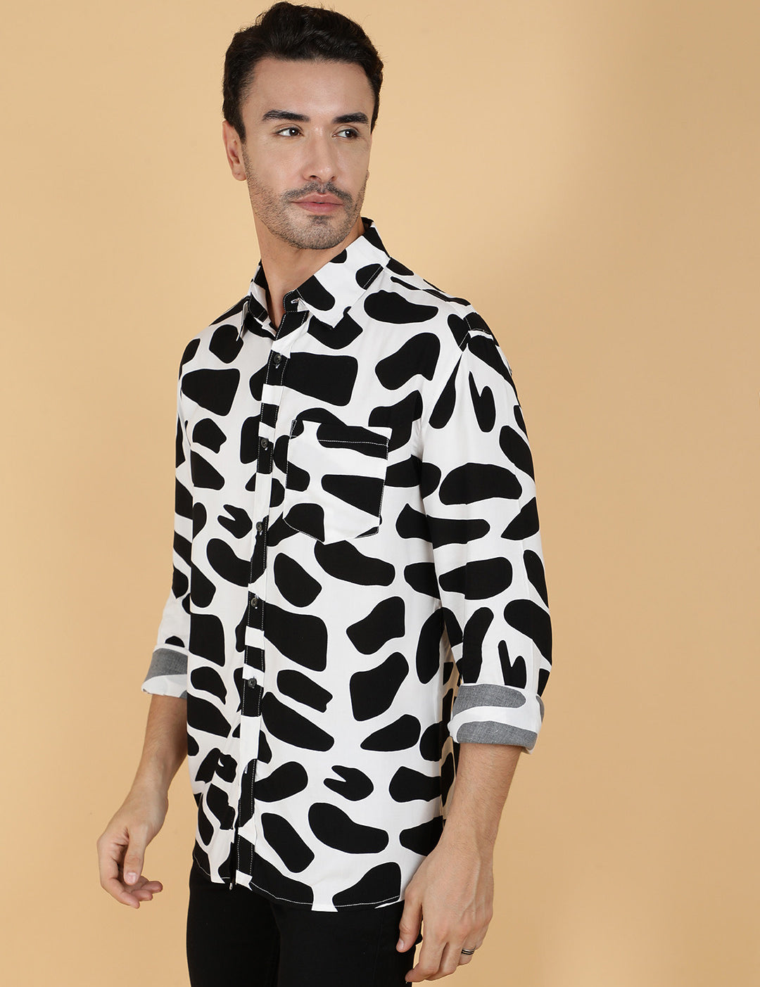 KOTTY Men Printed Casual Black, White Shirt 