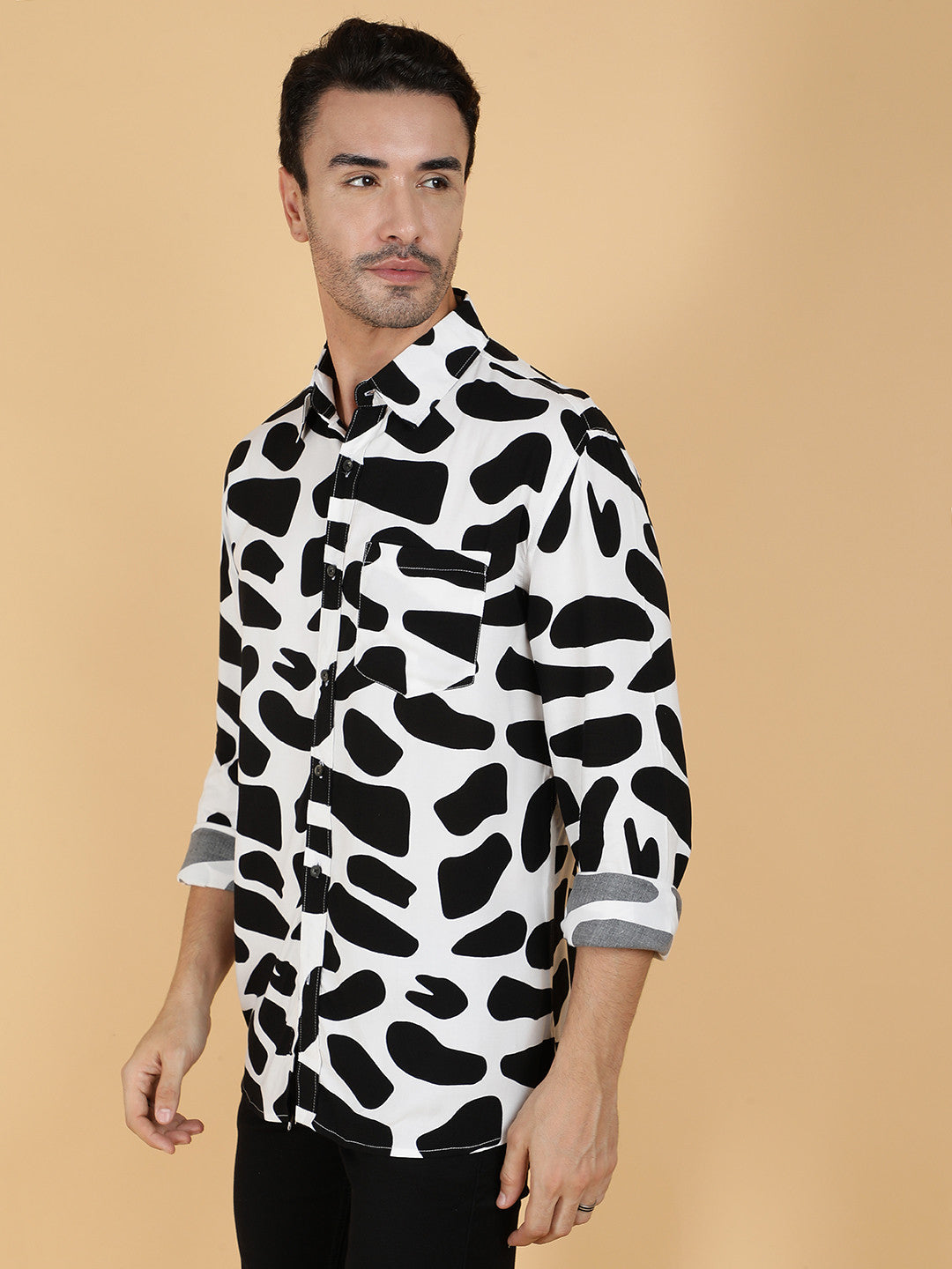 KOTTY Men Printed Casual Black, White Shirt 