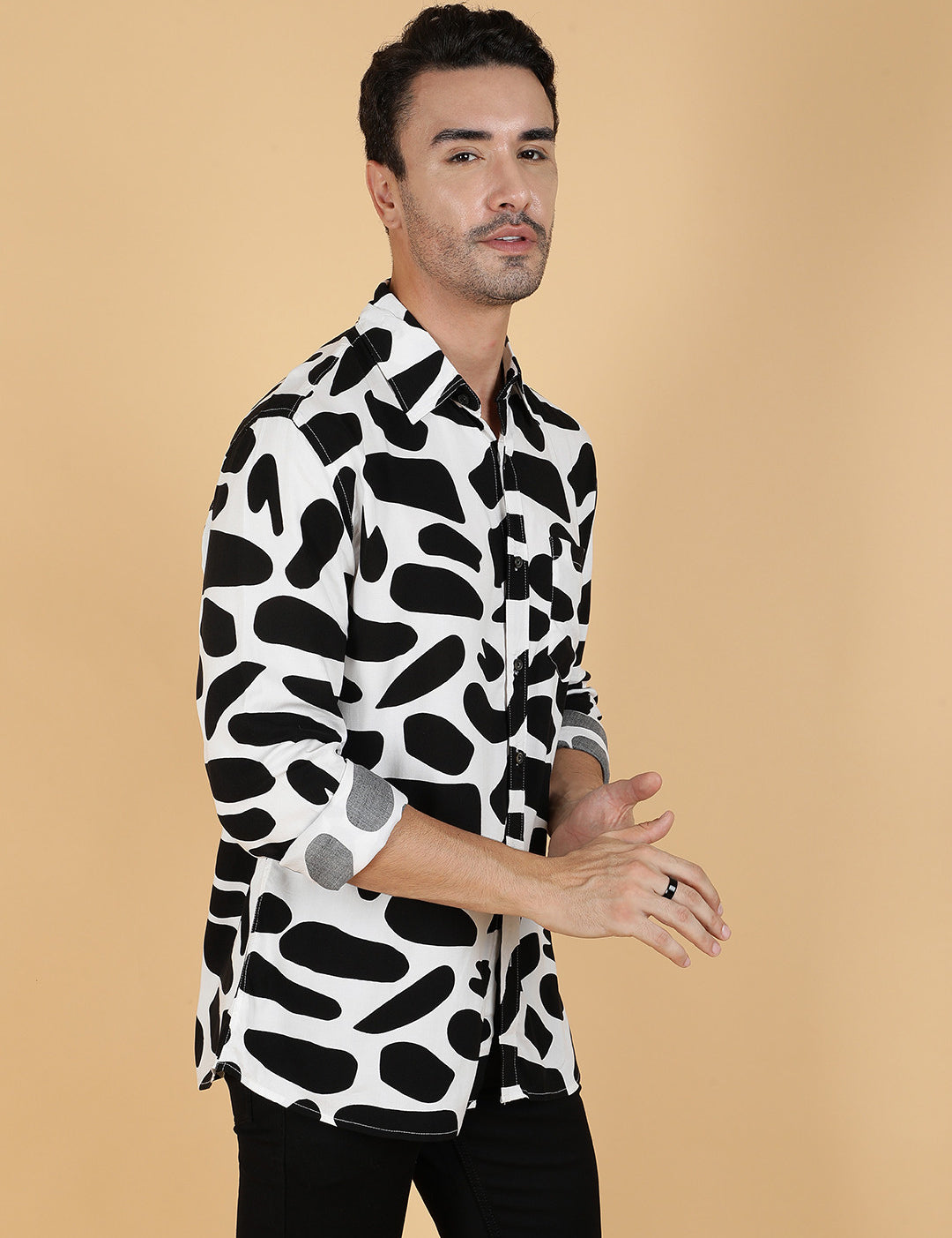 KOTTY Men Printed Casual Black, White Shirt 
