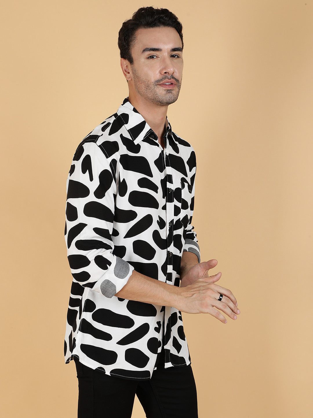 KOTTY Men Printed Casual Black, White Shirt 