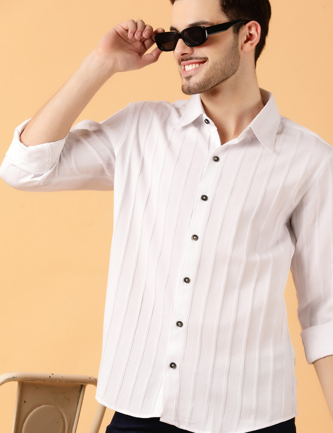 KOTTY Men Striped Casual White Shirt 