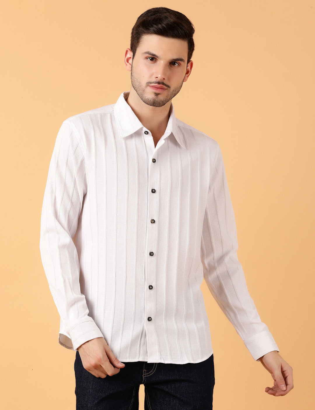 KOTTY Men Striped Casual White Shirt 