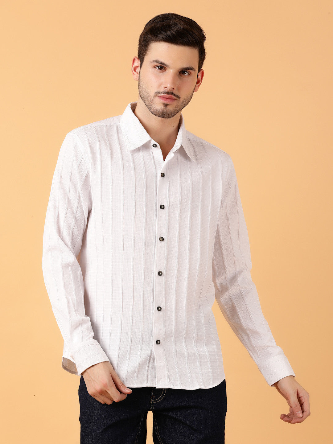 KOTTY Men Striped Casual White Shirt 