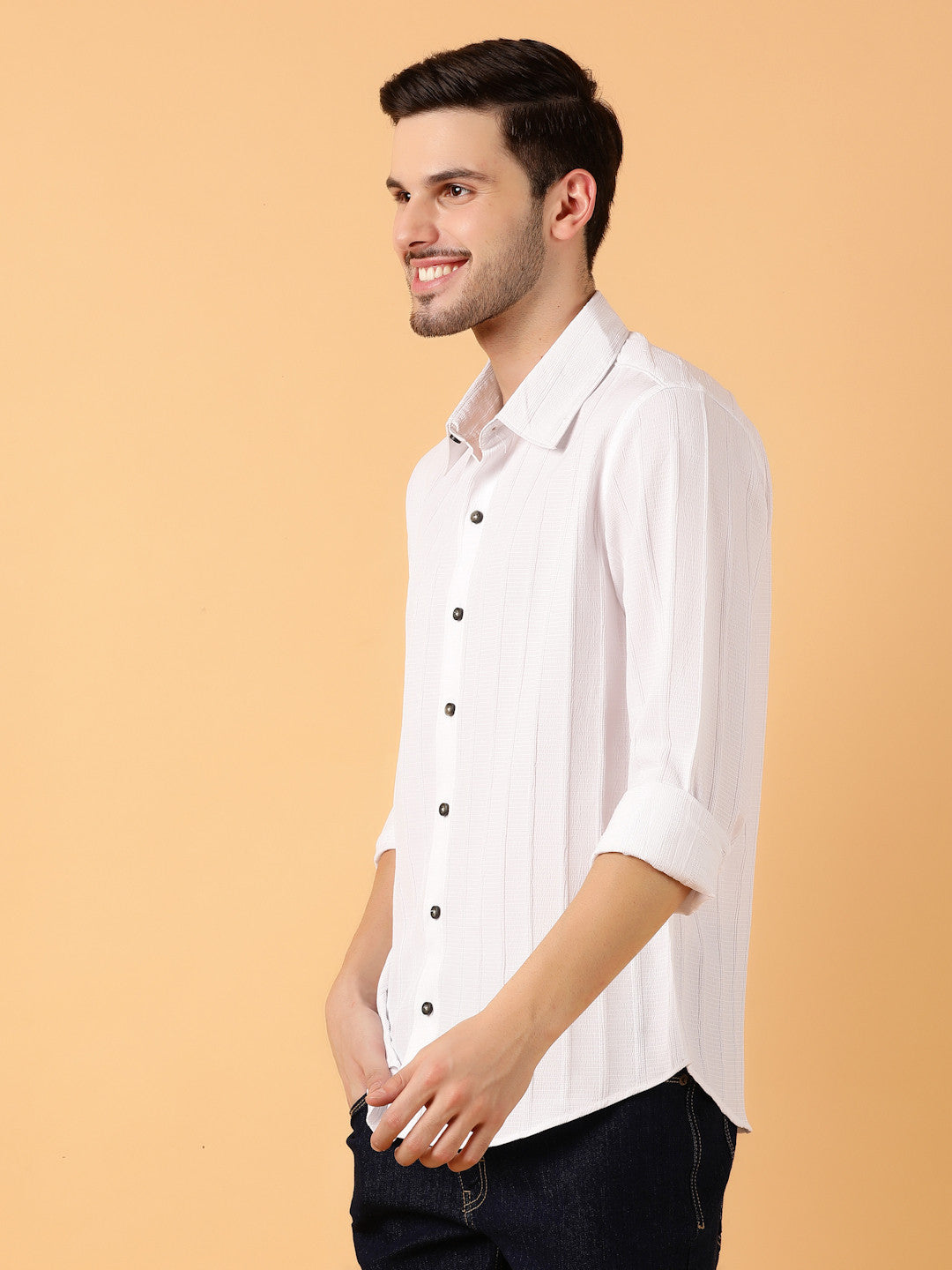KOTTY Men Striped Casual White Shirt 