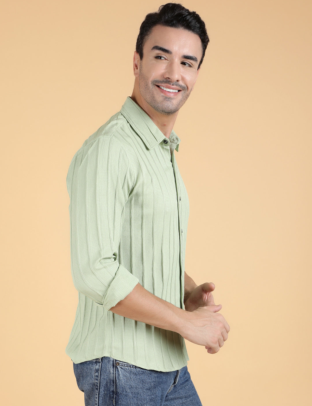 KOTTY Men Striped Casual Green Shirt 