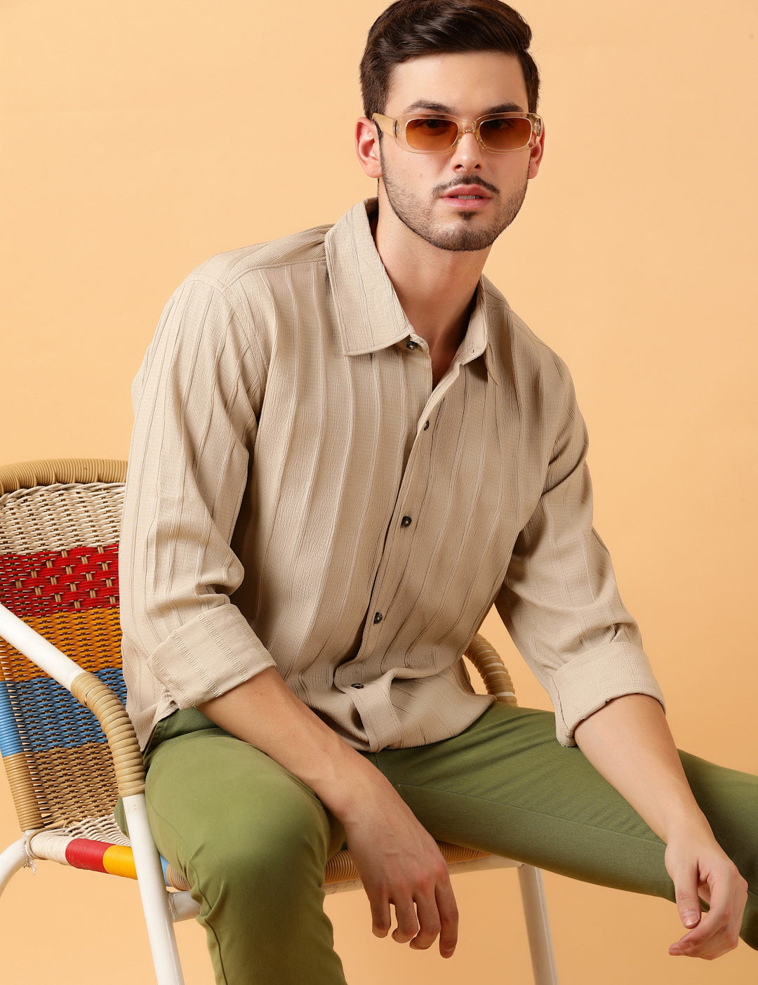 KOTTY Men Striped Casual Beige Shirt 