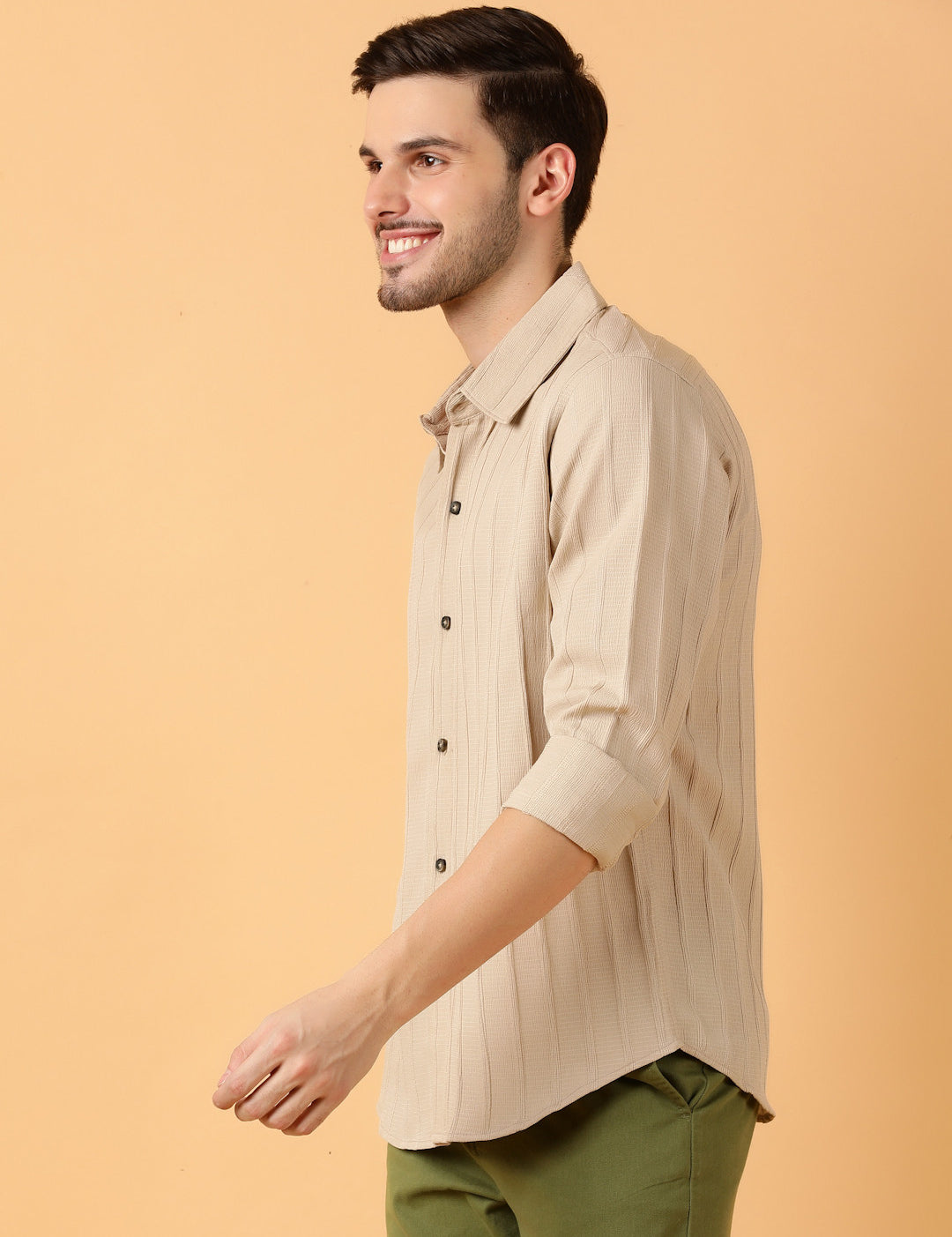 KOTTY Men Striped Casual Beige Shirt 
