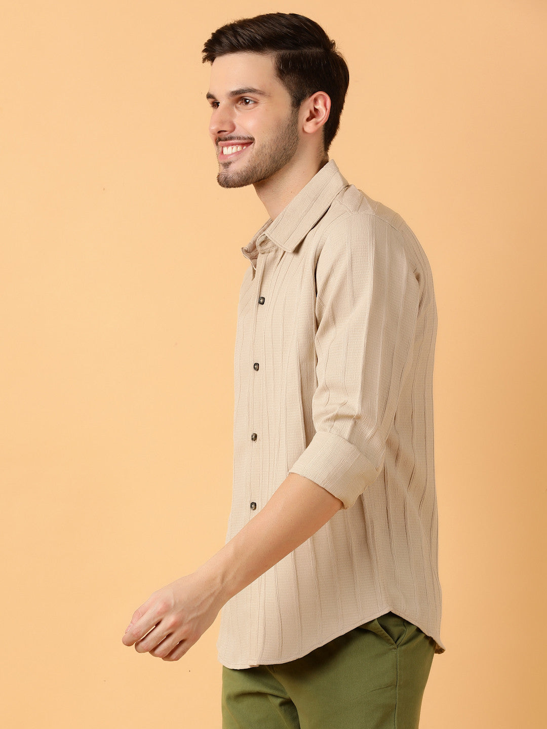 KOTTY Men Striped Casual Beige Shirt 
