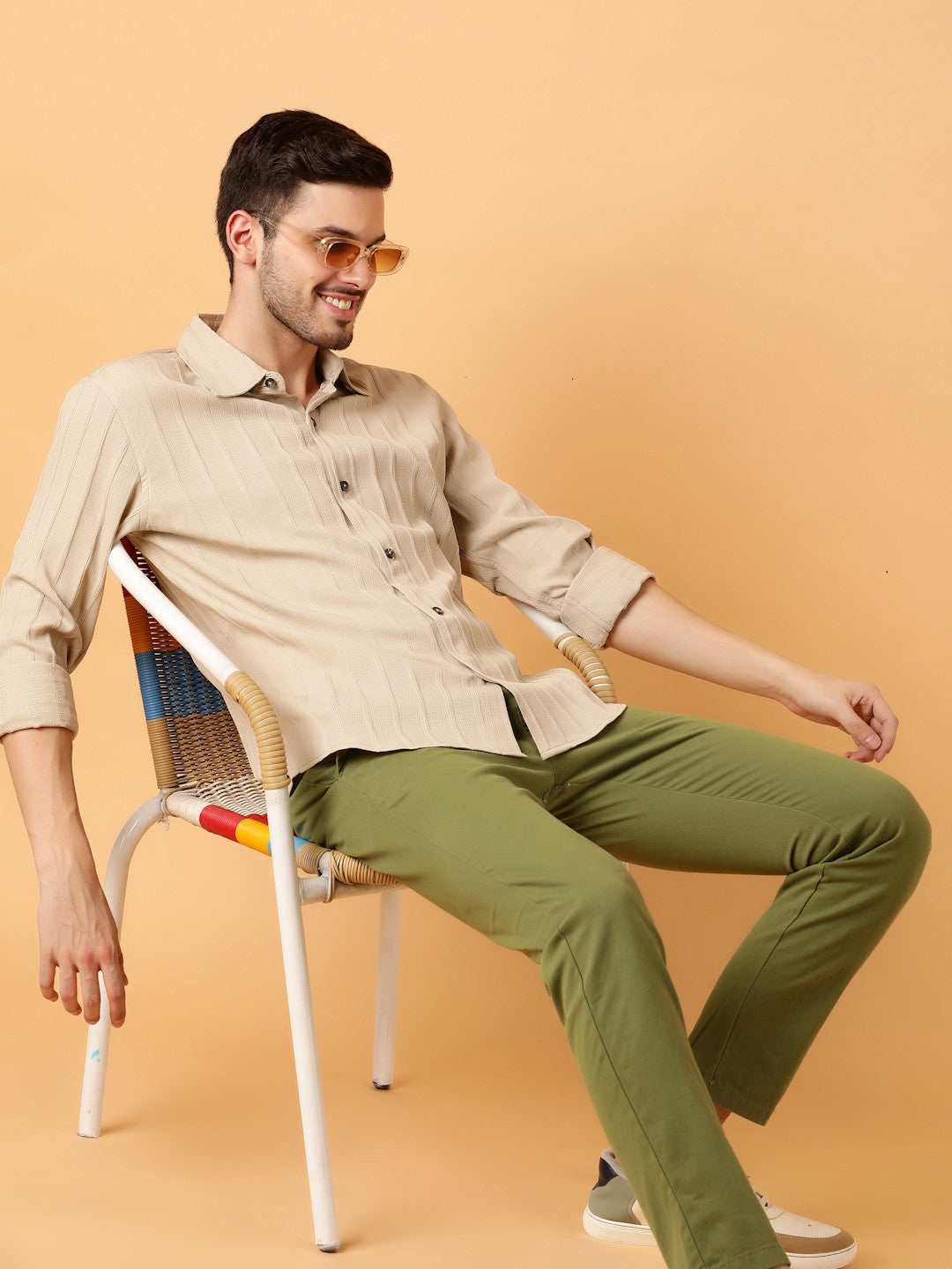 KOTTY Men Striped Casual Beige Shirt 