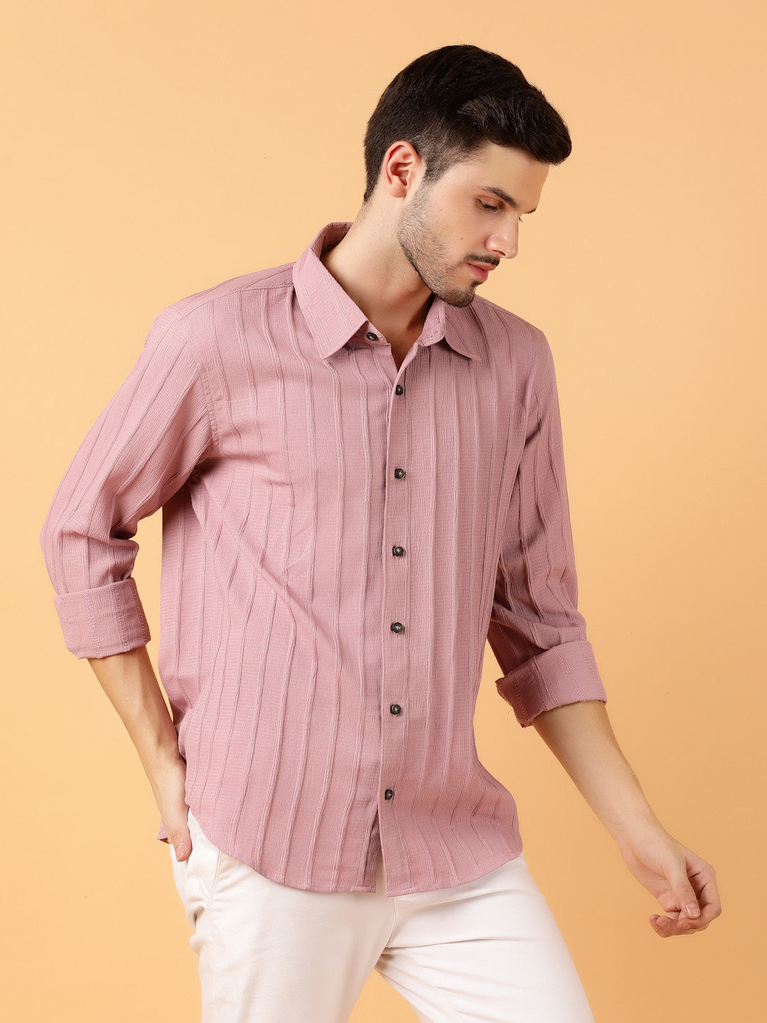 KOTTY Men Striped Casual Pink Shirt 