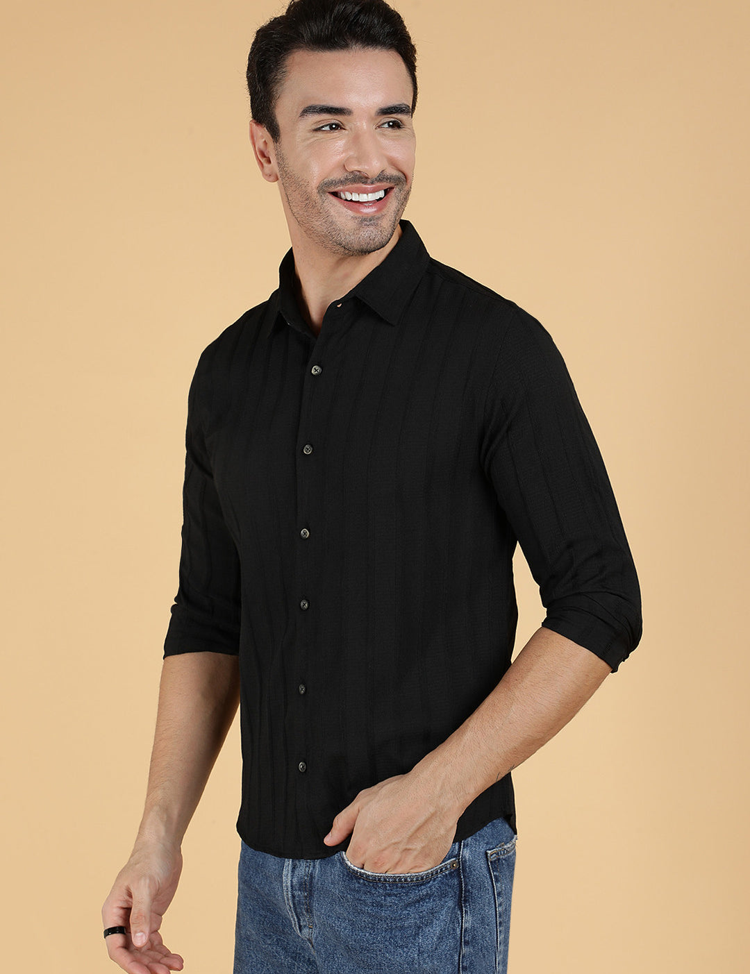 KOTTY Men Solid Casual Black Shirt 
