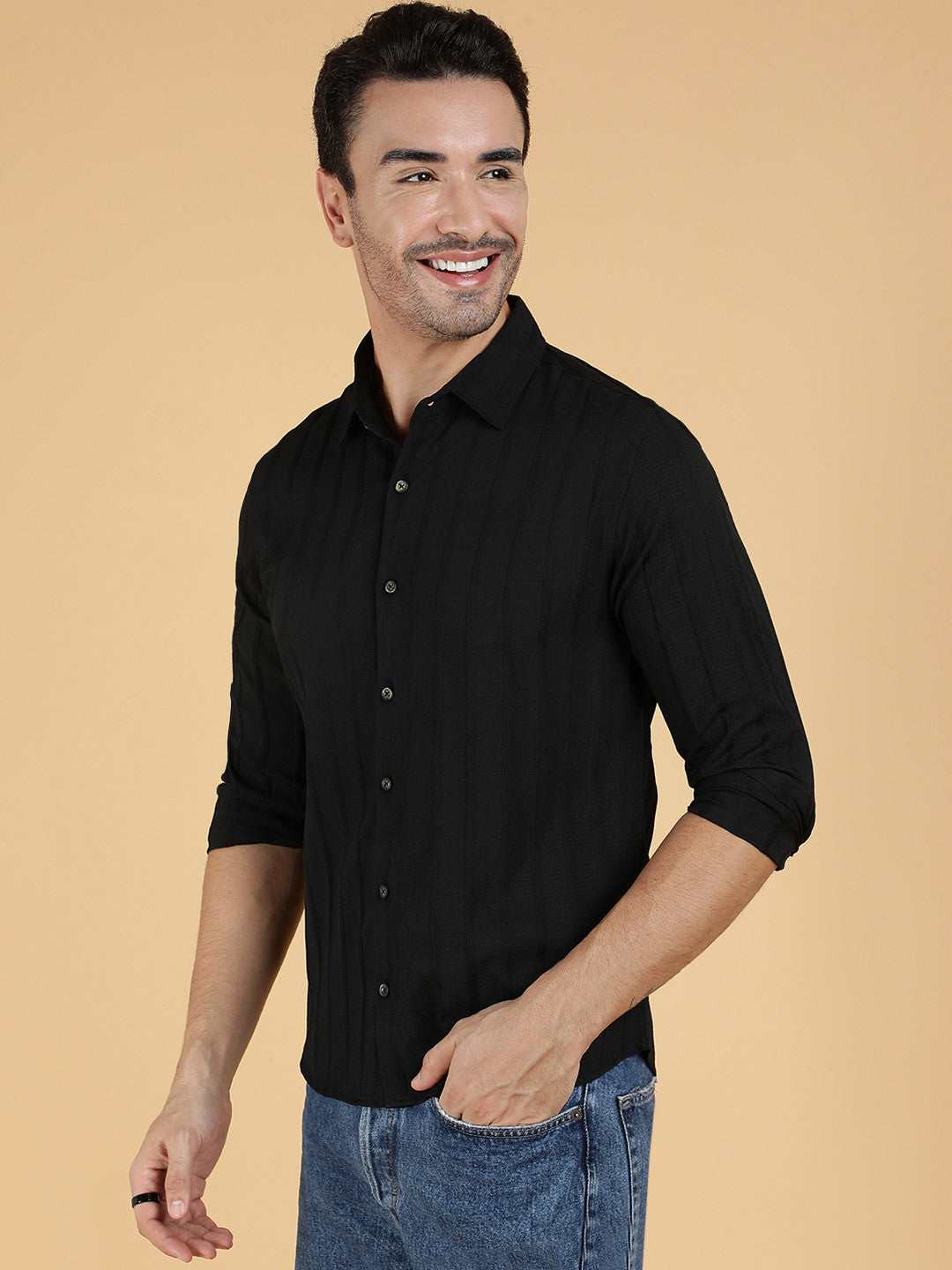 KOTTY Men Solid Casual Black Shirt 