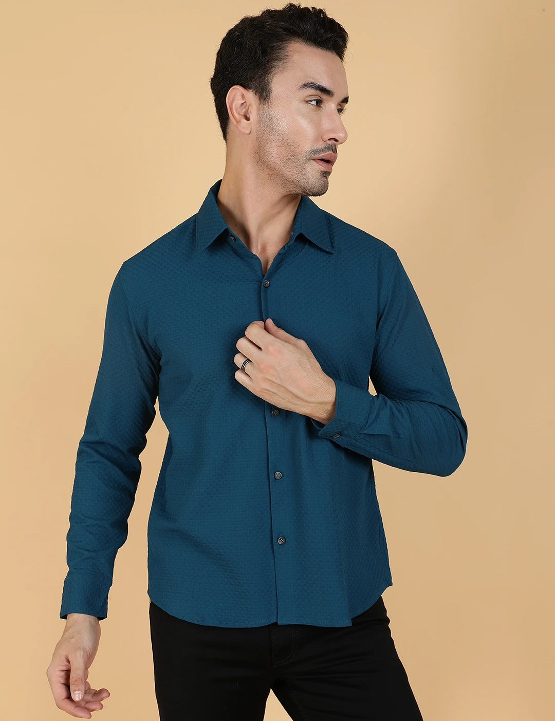 KOTTY Men Solid Casual Blue Shirt 