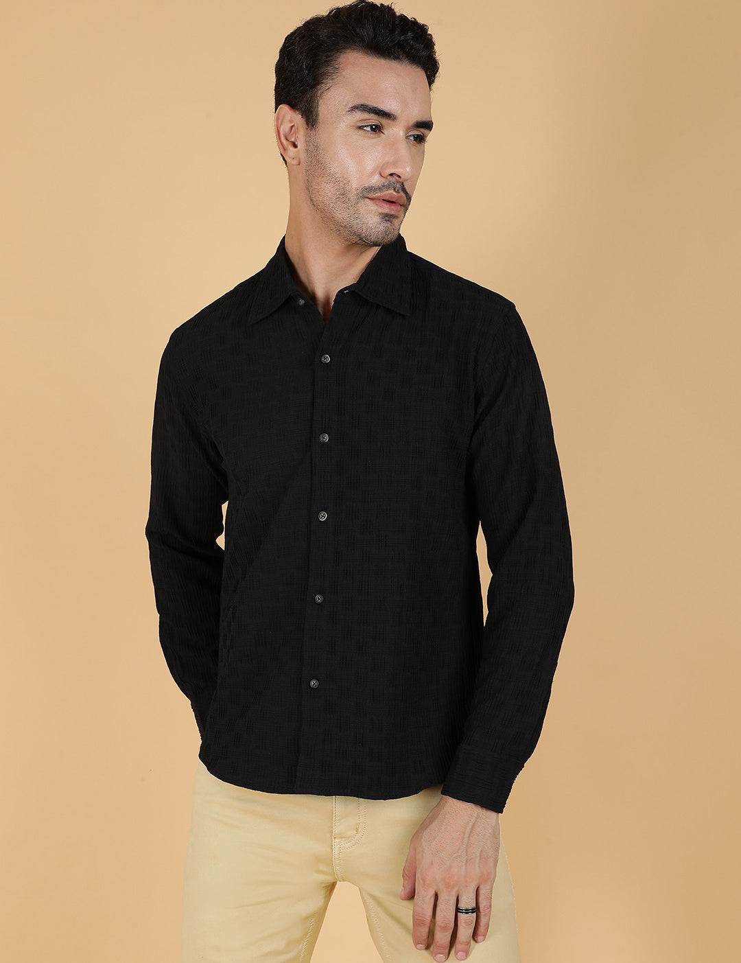 KOTTY Men Solid Casual Black Shirt 