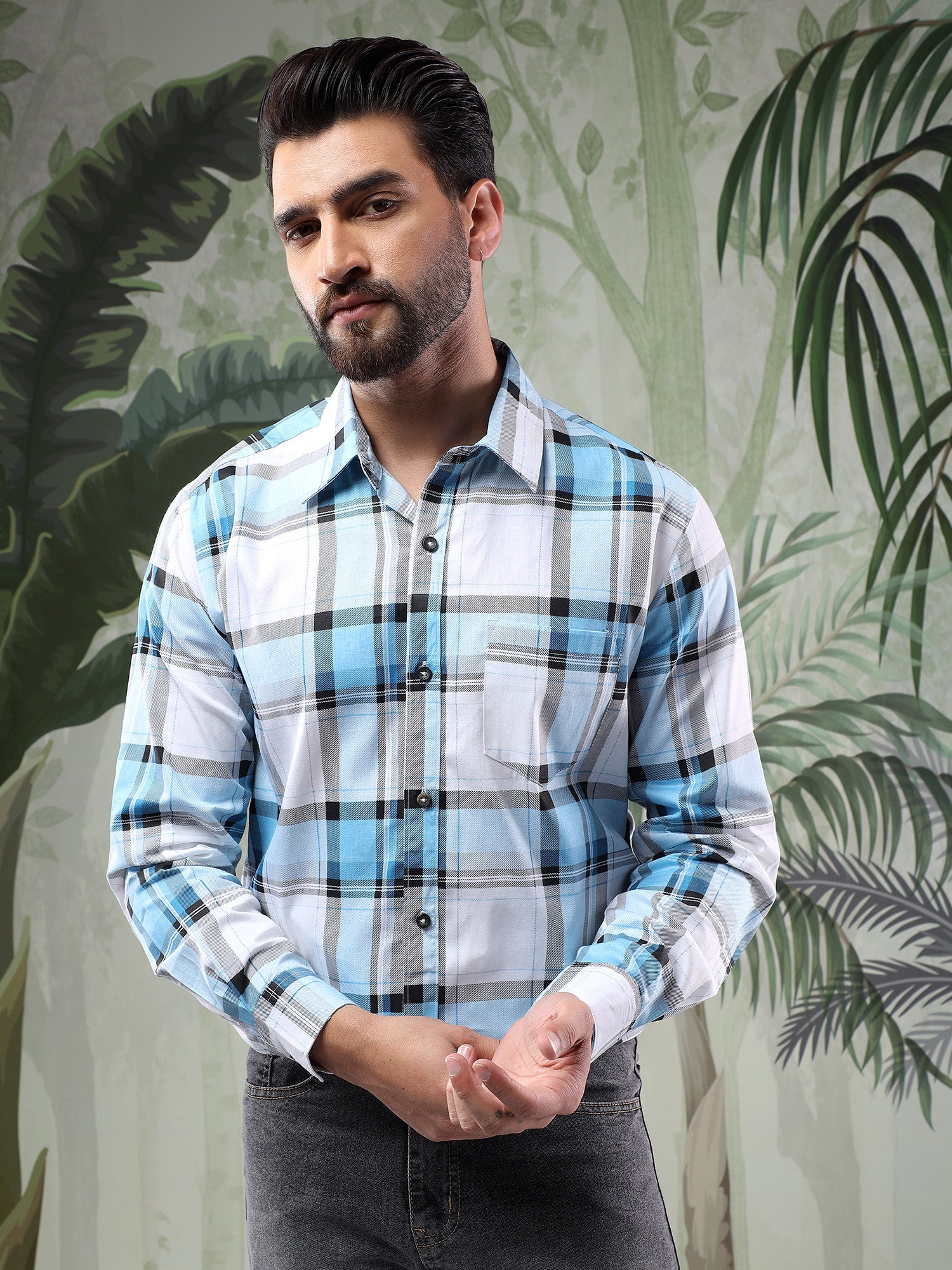 KOTTY Men Checkered Casual Blue Shirt 