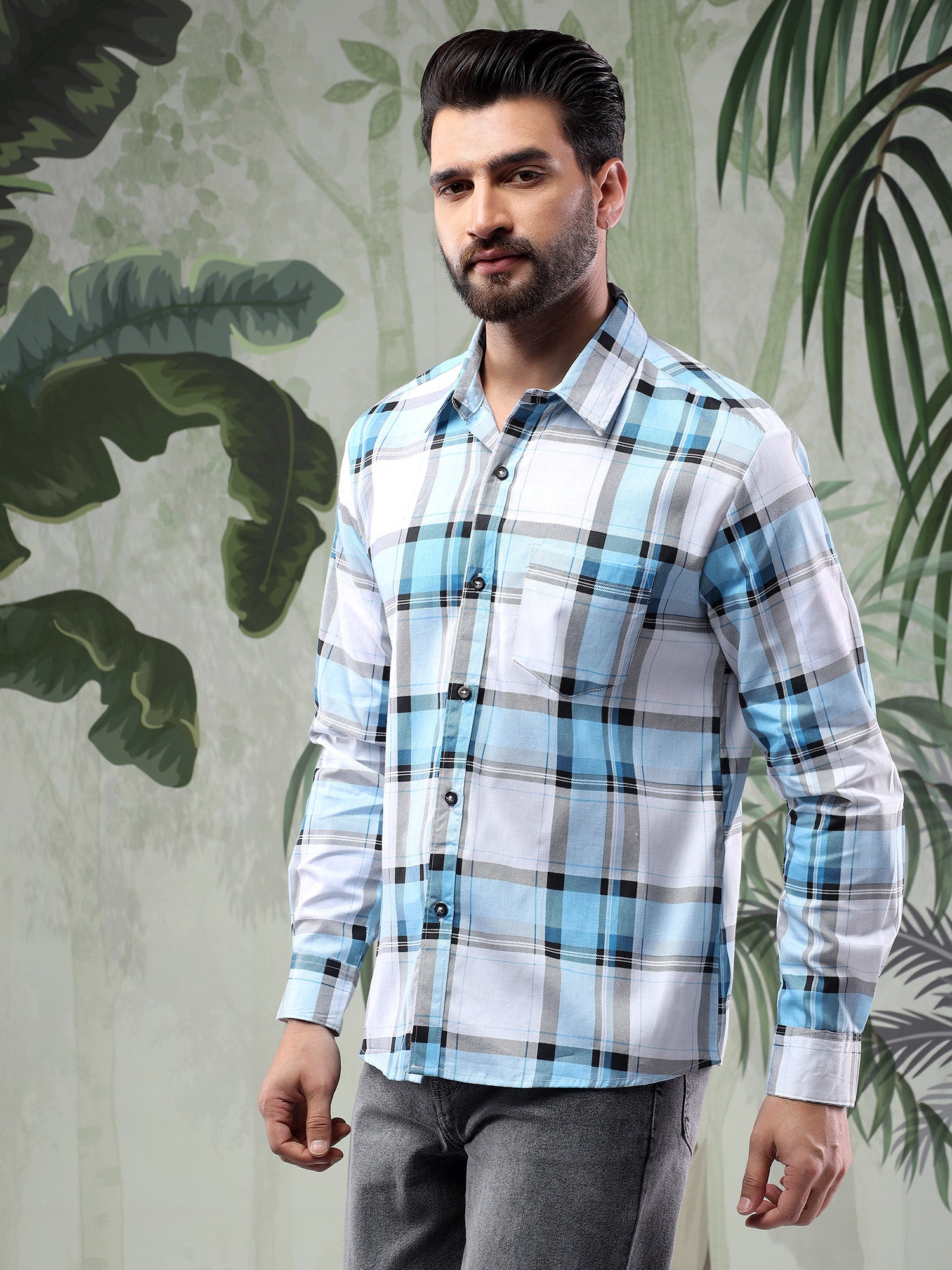 KOTTY Men Checkered Casual Blue Shirt 