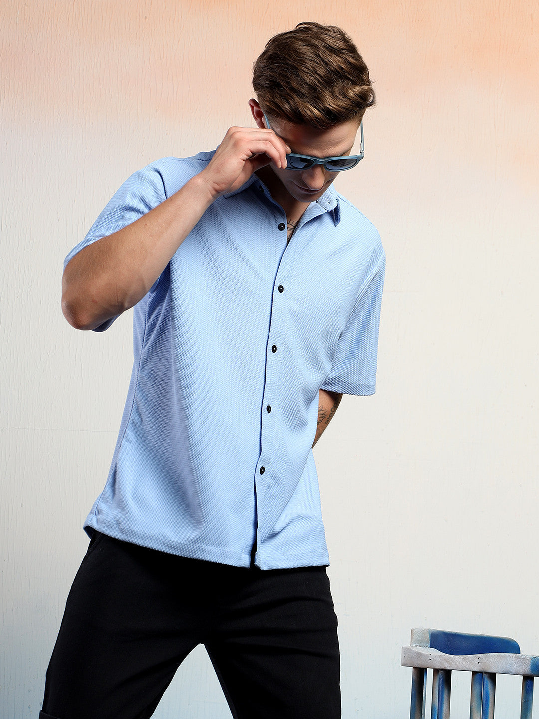 KOTTY Men Solid Casual Blue Shirt 