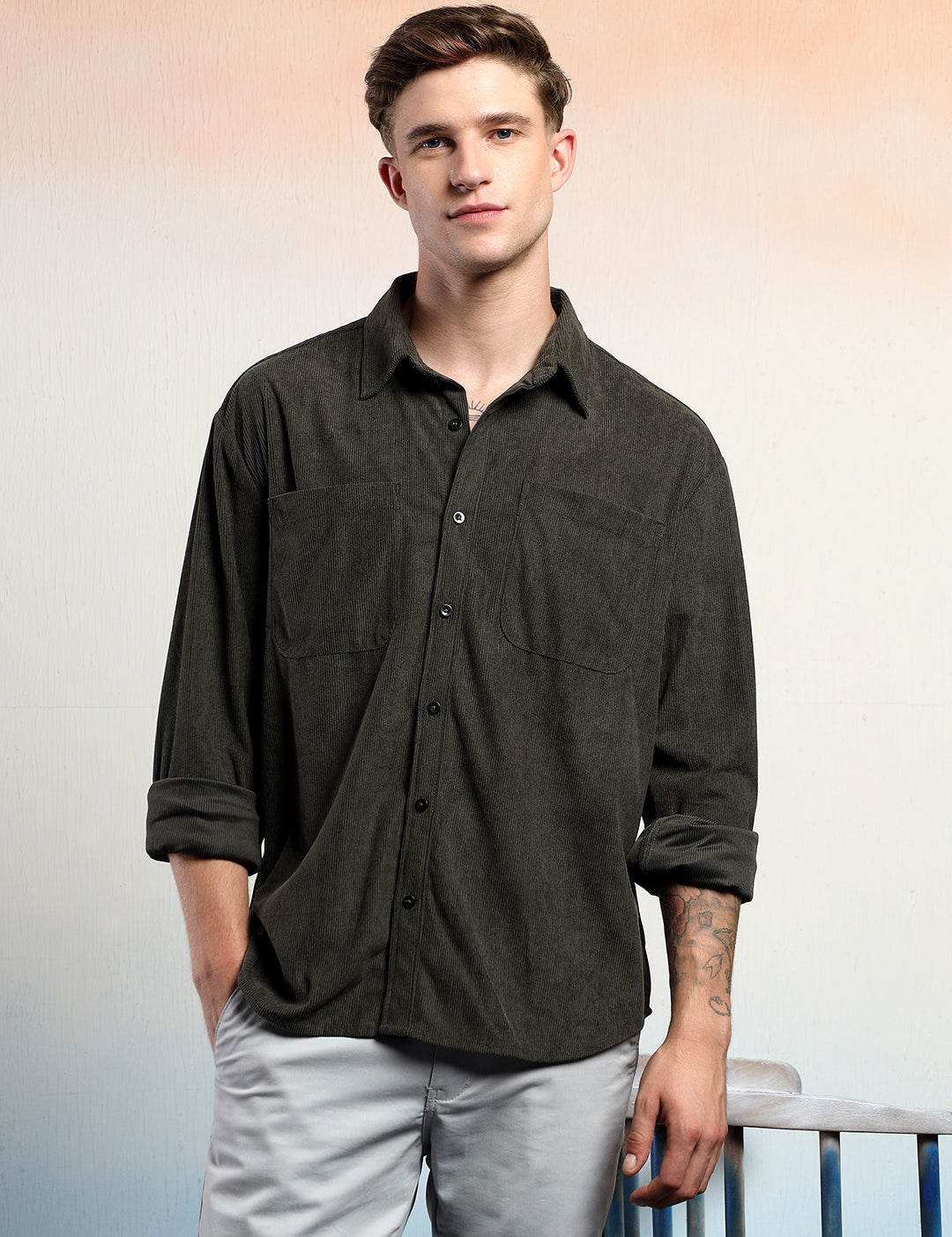 KOTTY Men Solid Casual Green Shirt 