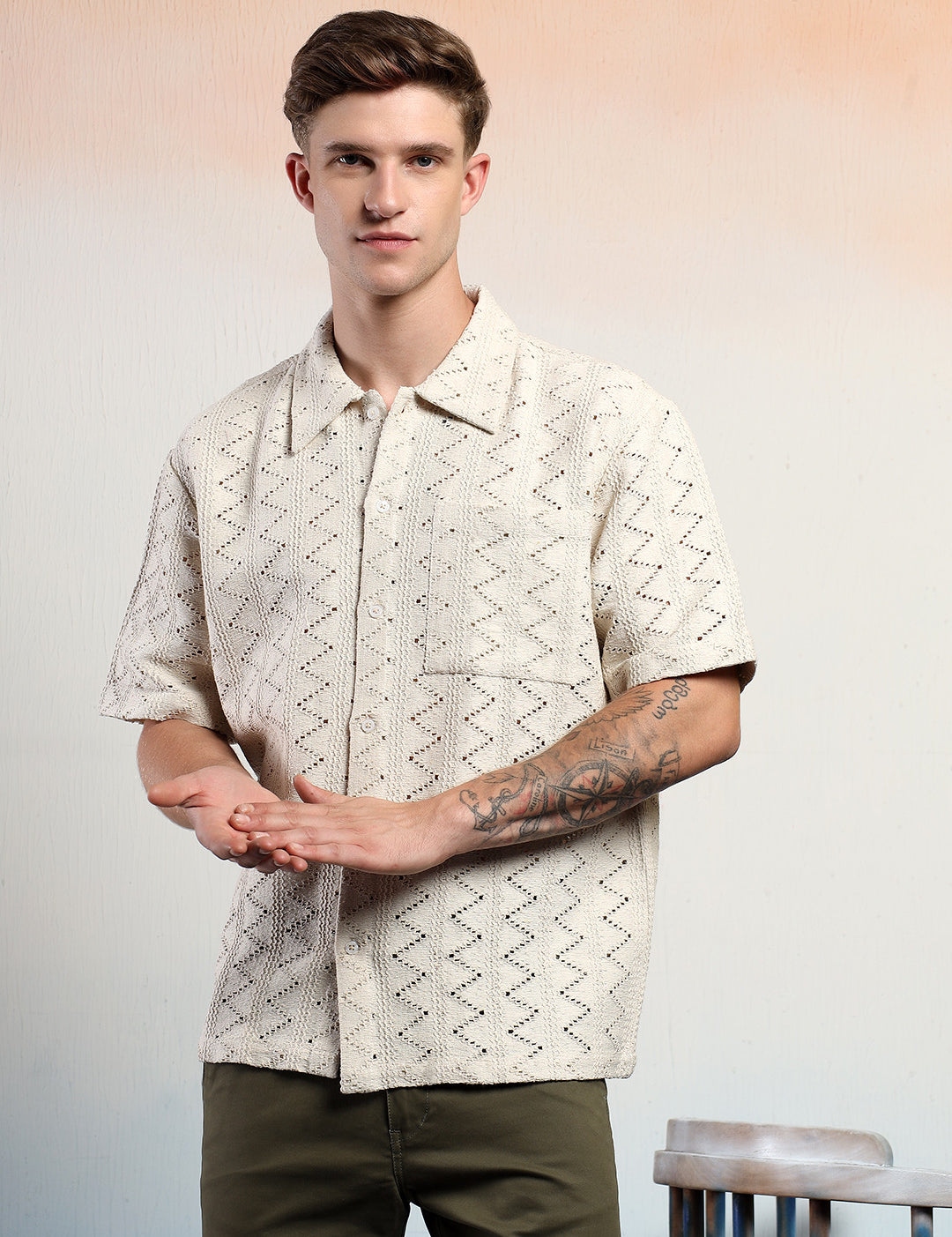 KOTTY Men Striped Casual Beige Shirt 