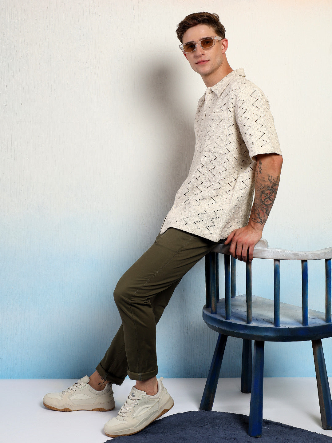 KOTTY Men Striped Casual Beige Shirt 