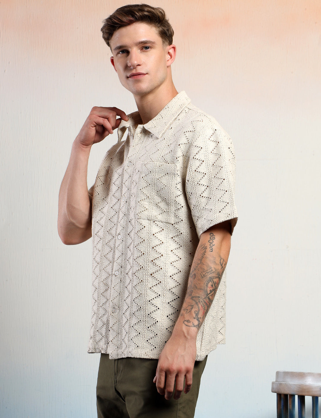 KOTTY Men Striped Casual Beige Shirt 