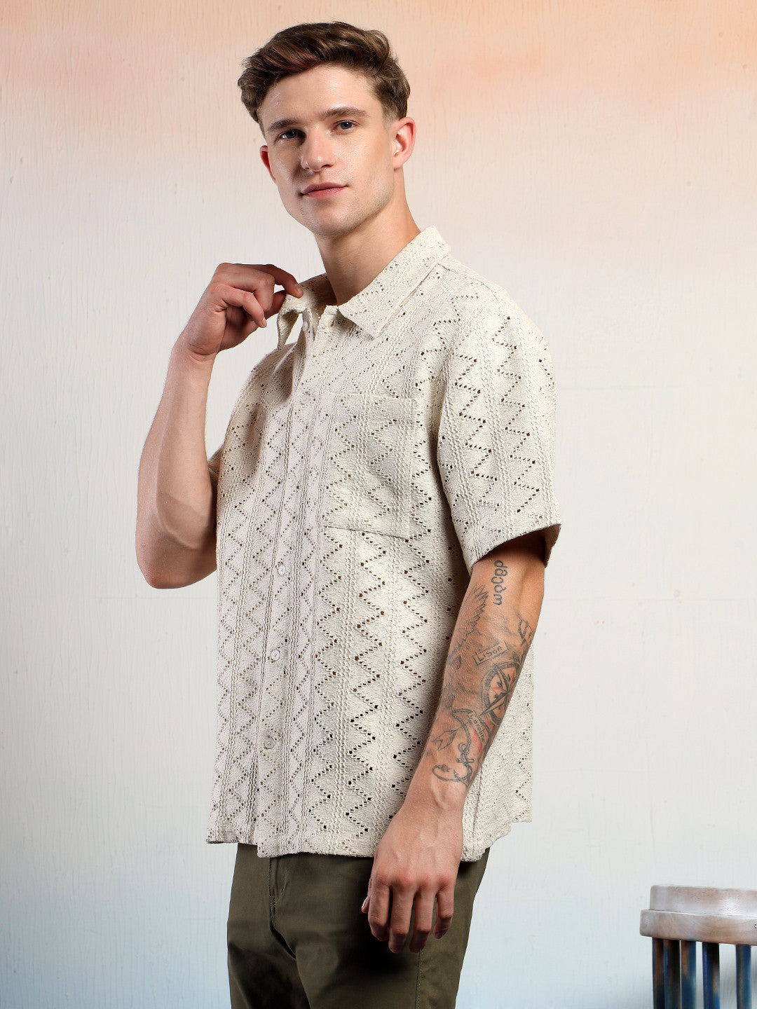 KOTTY Men Striped Casual Beige Shirt 