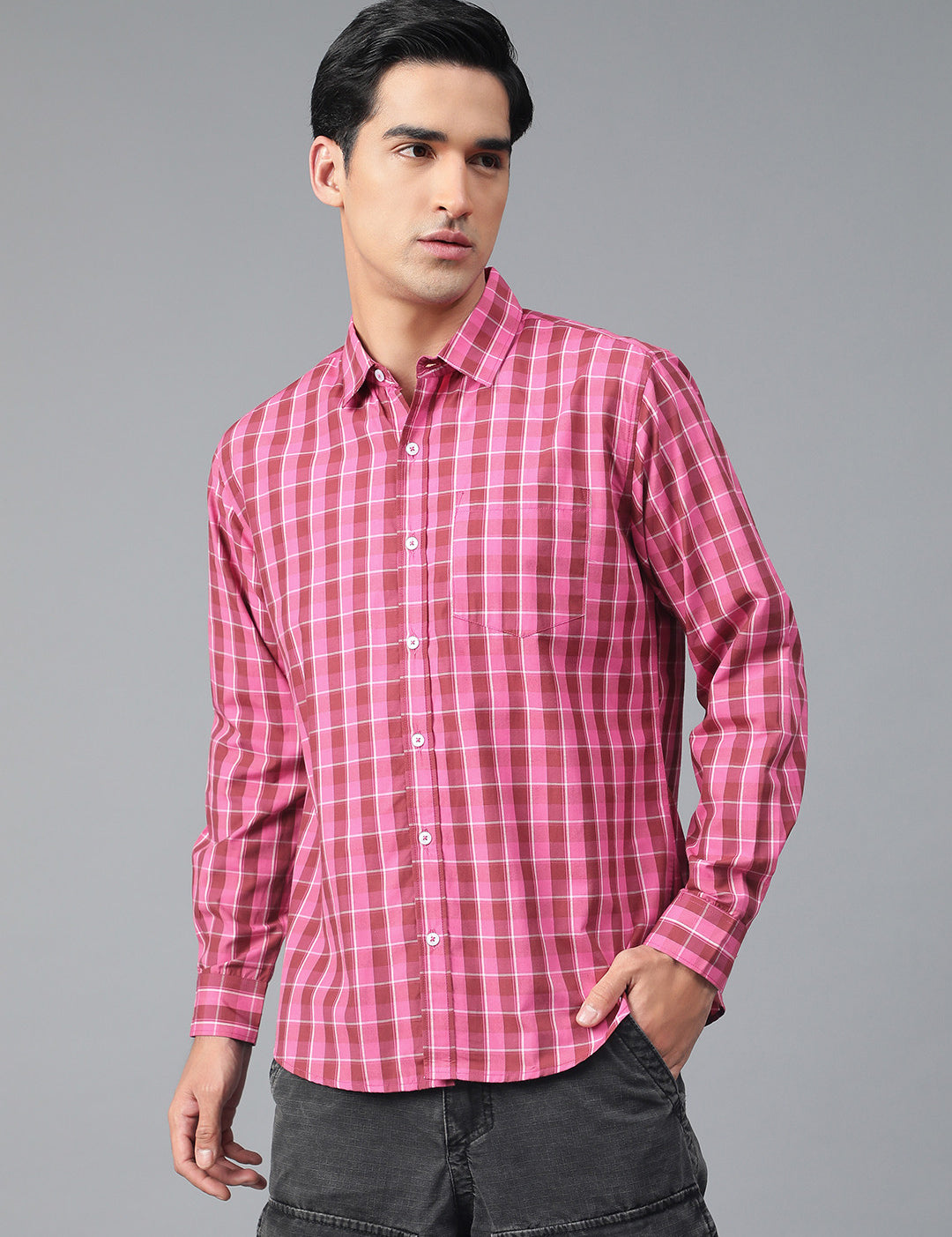 KOTTY Men Checkered Casual Pink, Maroon, White Shirt 
