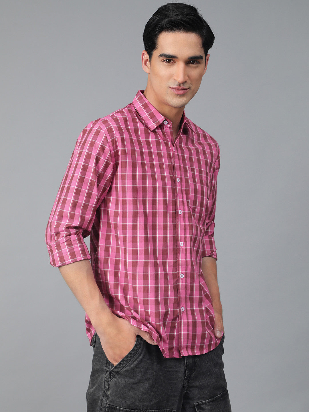 KOTTY Men Checkered Casual Pink, Maroon, White Shirt 