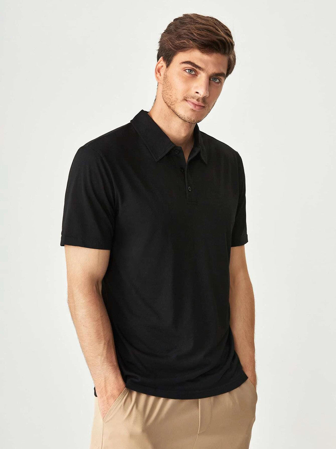 KOTTY Solid Men Polo Neck Black T-Shirt