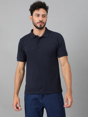 KOTTY Solid Men Polo Neck Navy Blue T-Shirt