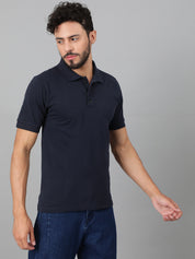 KOTTY Solid Men Polo Neck Navy Blue T-Shirt
