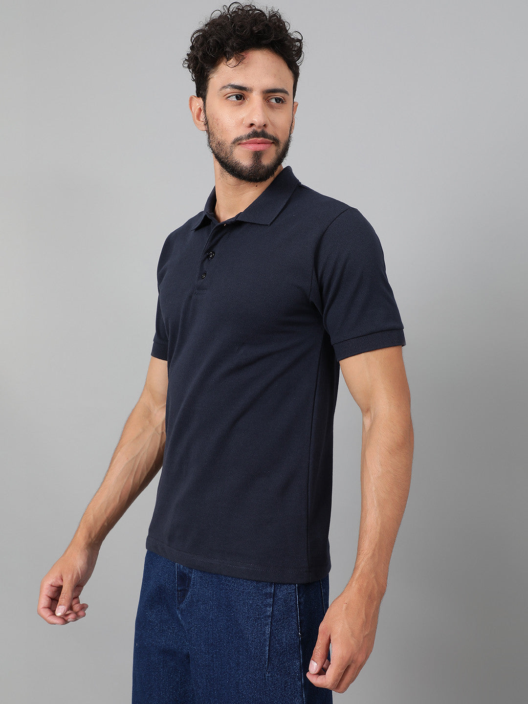 KOTTY Solid Men Polo Neck Navy Blue T-Shirt