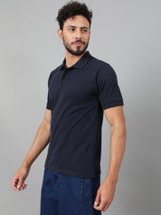 KOTTY Solid Men Polo Neck Navy Blue T-Shirt