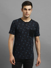 KOTTY Striped Men Round Neck Dark Blue T-Shirt