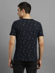 KOTTY Striped Men Round Neck Dark Blue T-Shirt