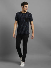 KOTTY Striped Men Round Neck Dark Blue T-Shirt