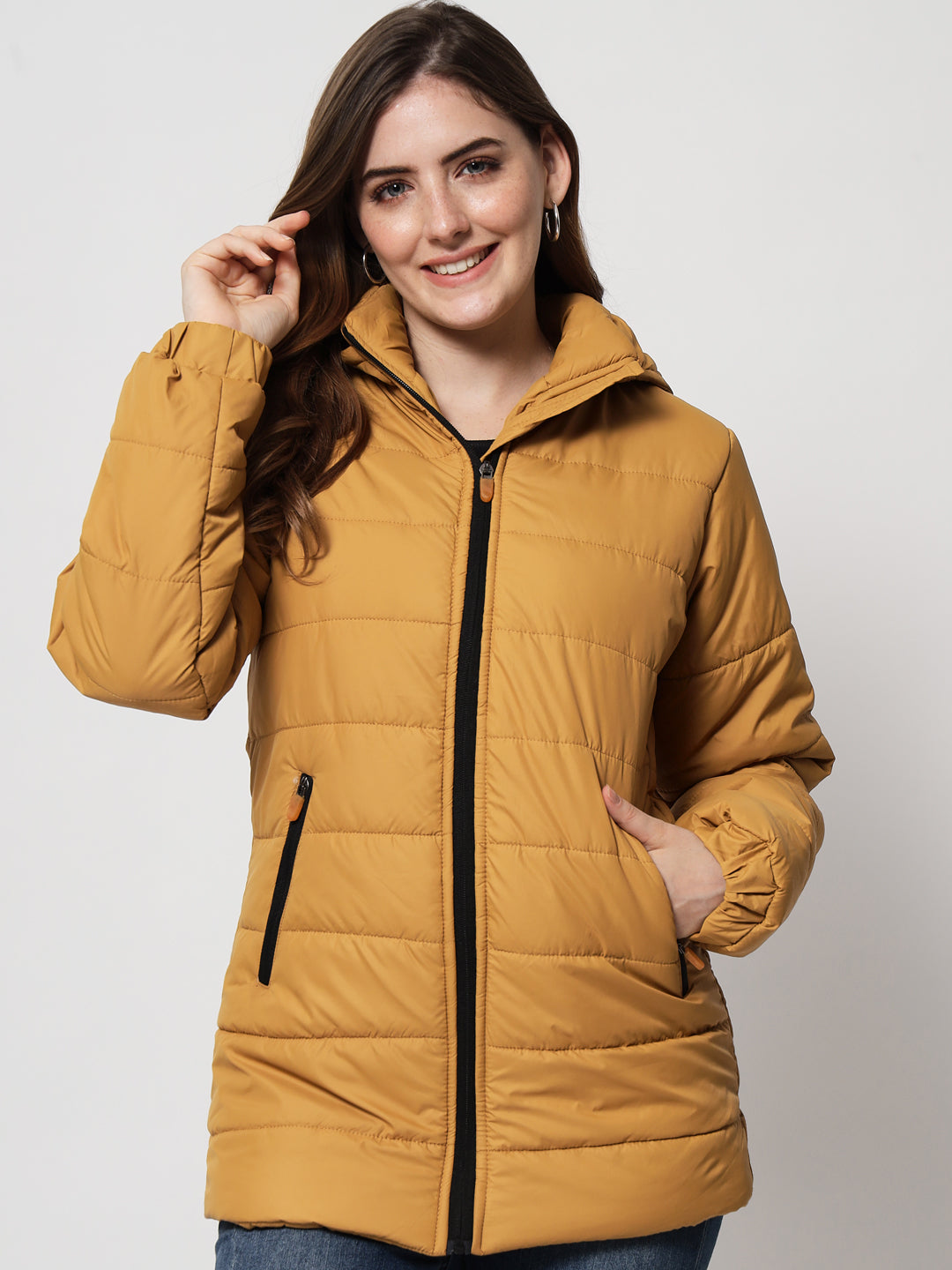 KOTTY Women Nylon Mustard Yellow Solid Puffer Jacket