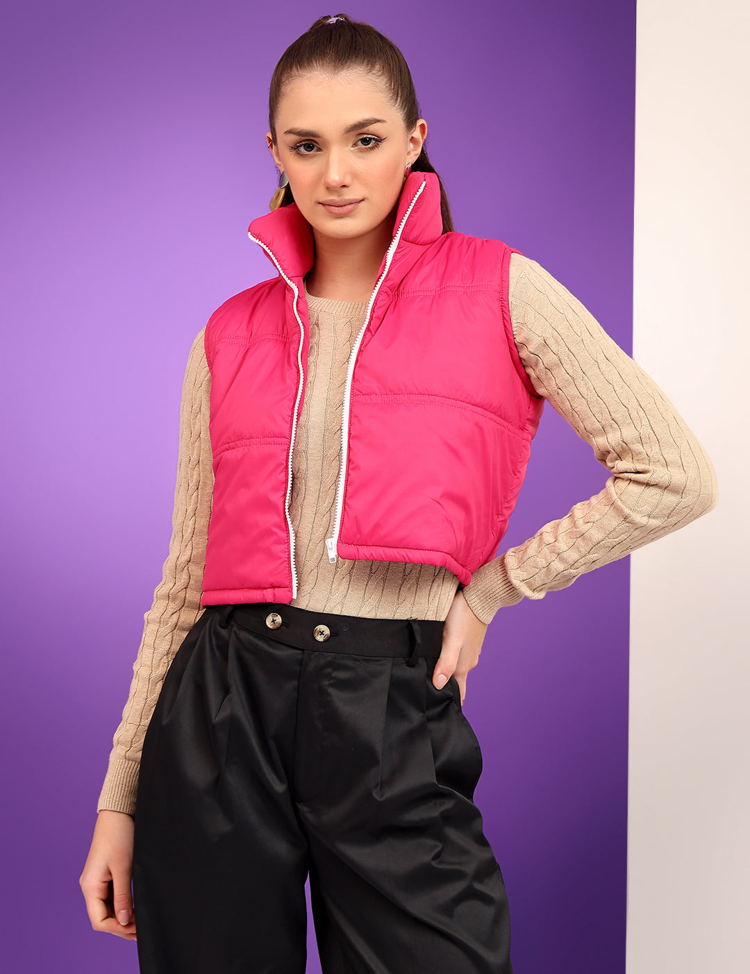 KOTTY Women's Multicolor Puffer Sleeveless High Neck Printed Zipper Jacket
