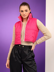 KOTTY Women's Multicolor Puffer Sleeveless High Neck Printed Zipper Jacket
