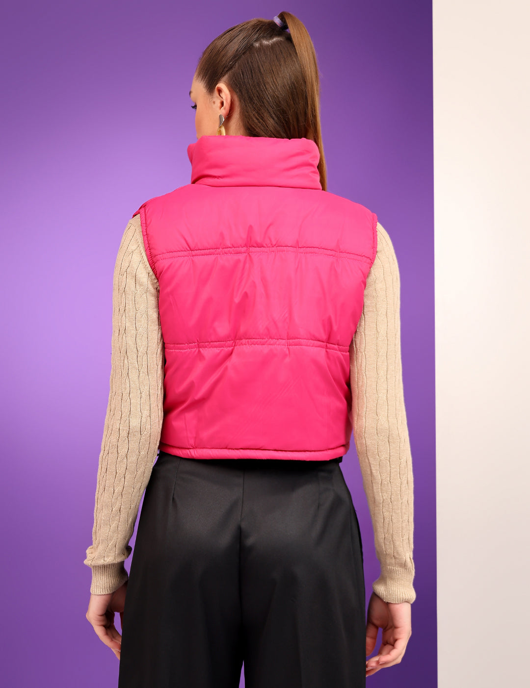 KOTTY Women's Multicolor Puffer Sleeveless High Neck Printed Zipper Jacket