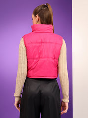 KOTTY Women's Multicolor Puffer Sleeveless High Neck Printed Zipper Jacket