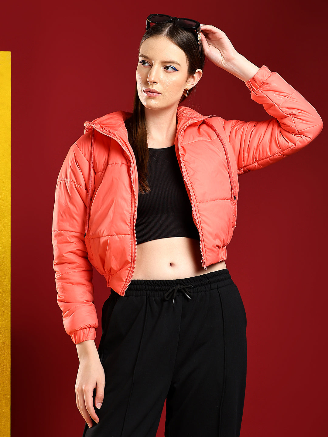 KOTTY Women's Solid Puffer Full Sleeve Zipper Hooded Jacket