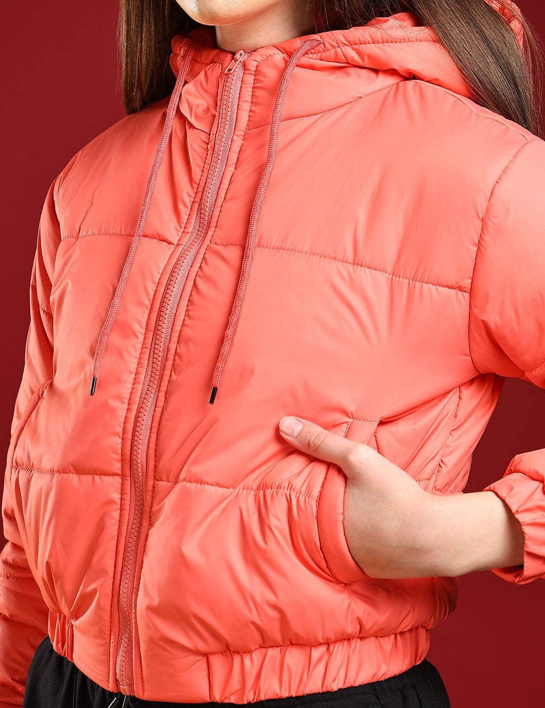 KOTTY Women's Solid Puffer Full Sleeve Zipper Hooded Jacket