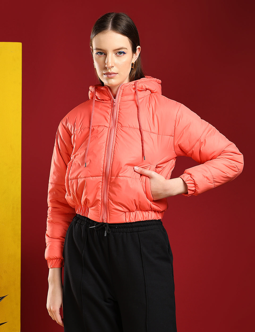 KOTTY Women's Solid Puffer Full Sleeve Zipper Hooded Jacket