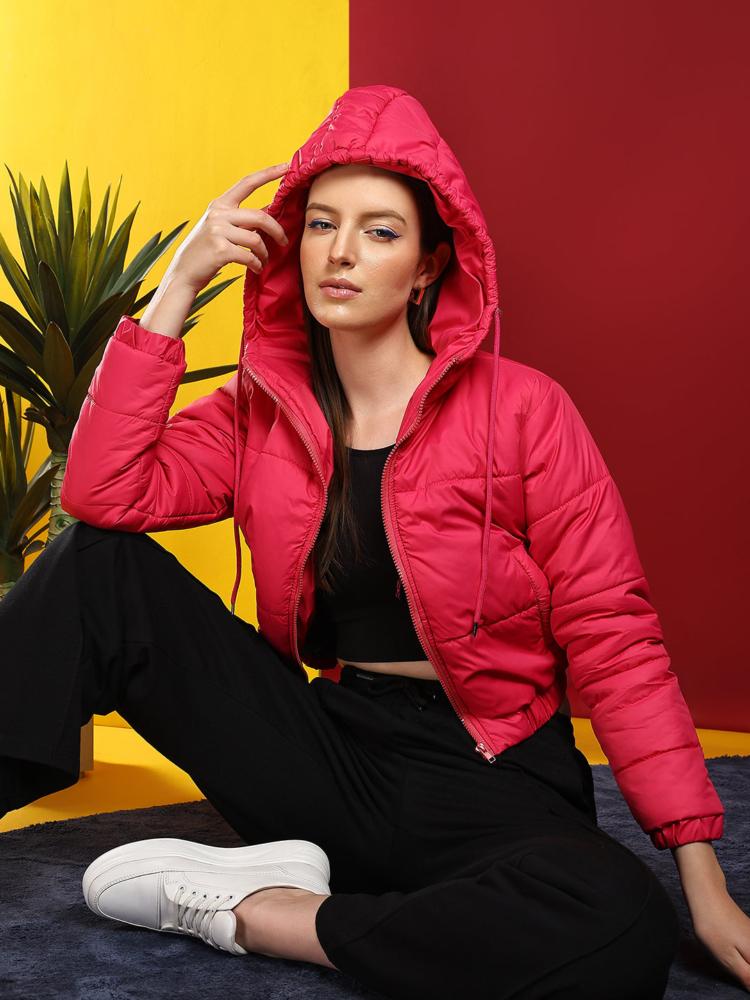 KOTTY Women's Solid Puffer Full Sleeve Zipper Hooded Jacket