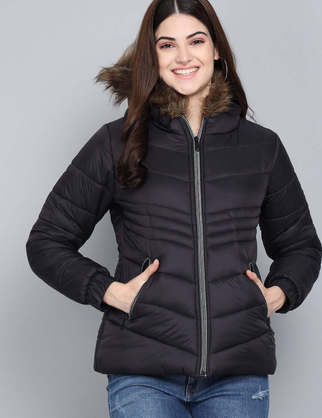 KOTTY Women Black Nylon Full Sleeve Padded Puffer Jacket