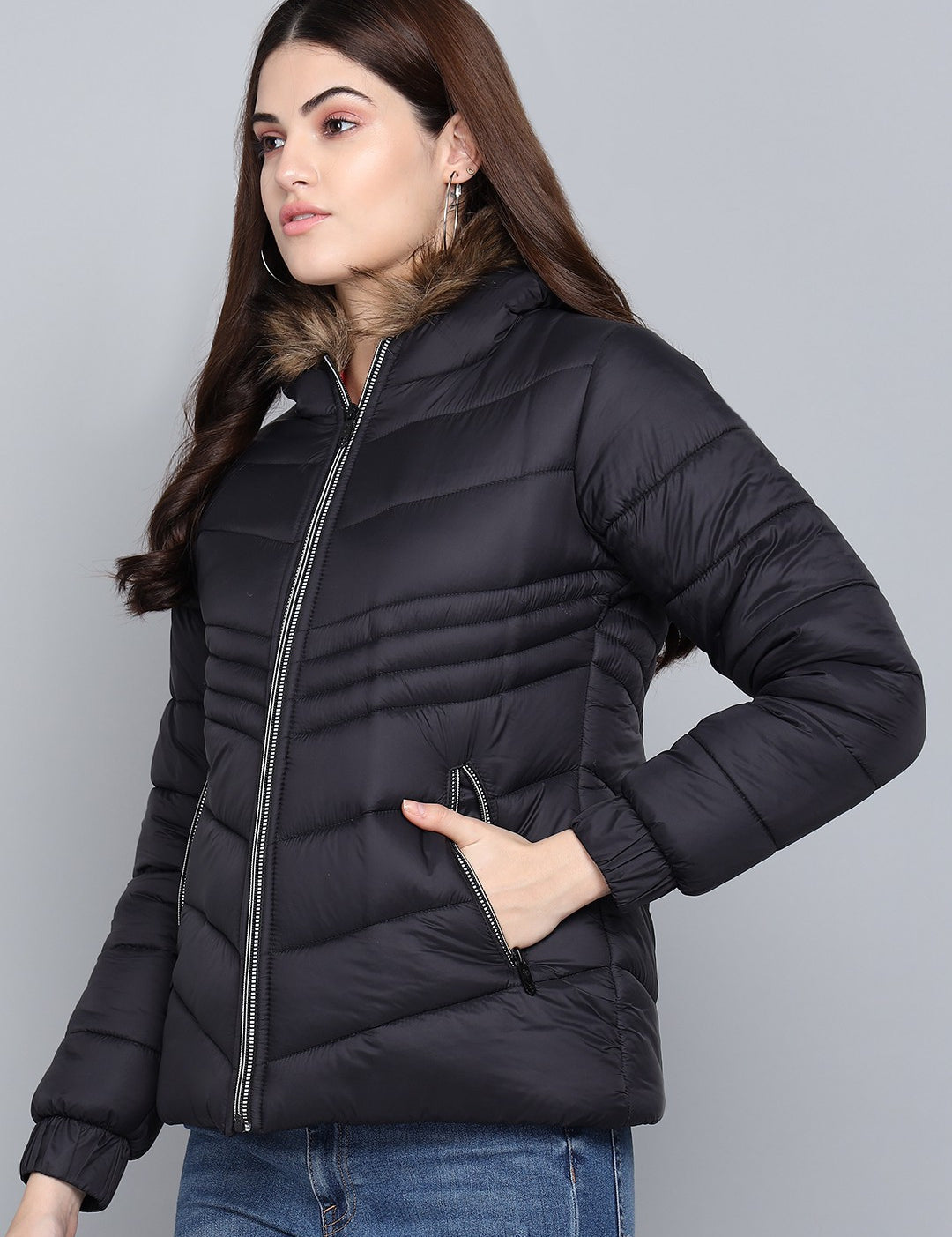 KOTTY Women Black Nylon Full Sleeve Padded Puffer Jacket